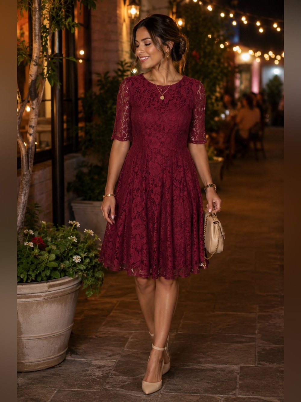 Danny & Nicole Burgundy Lace Fit-and-Flare Dress
